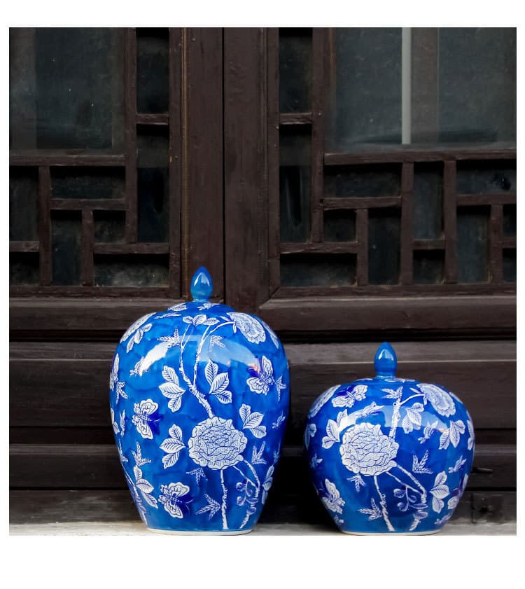 Blue Peony Ceramic Storage Jar detail 2